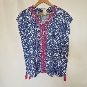 Caribbean Joe Blue And White Pool Tunic With Hot Pink Embroidery Cotton Blend